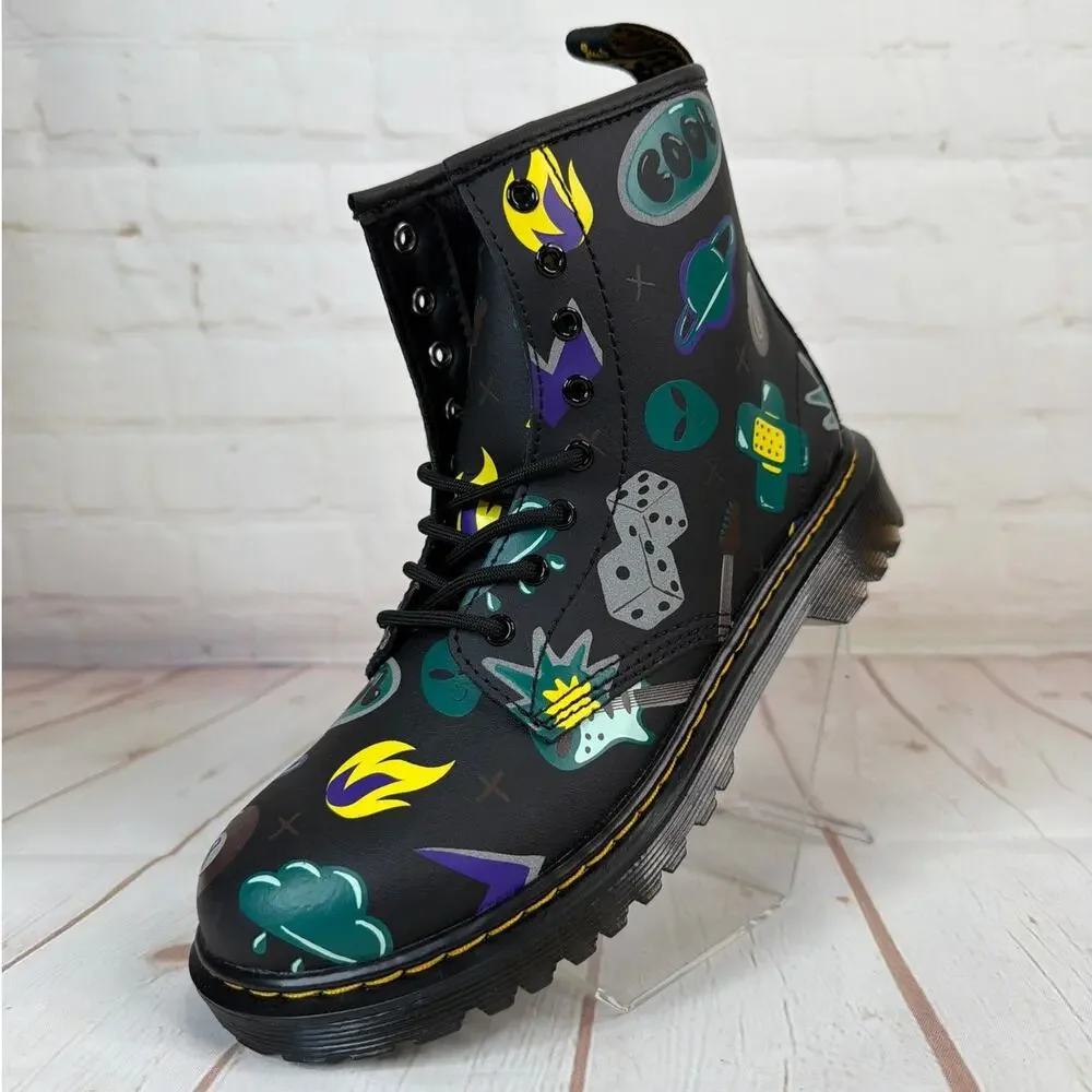 Dr. Martens Junior 1460 Sticker Print Leather Lace Up Black Boots Size 4 M/5 L